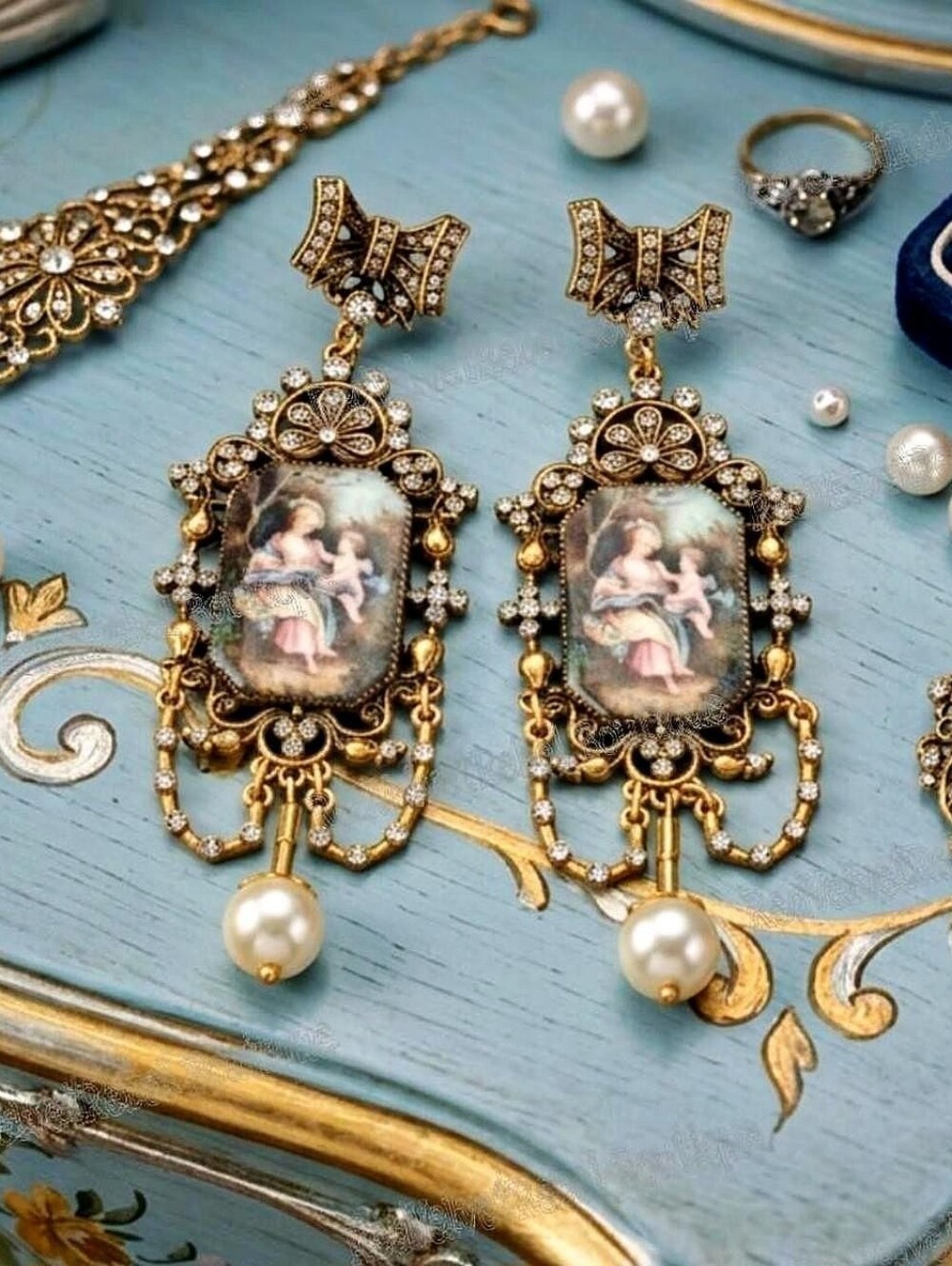 Vintage Estate Parisienne  Versaille Palace Crystal Oil Painting Gold Earrings
